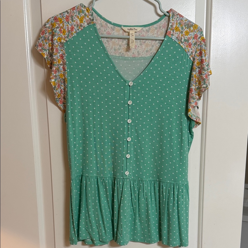 Matilda Jane Teal Polka Dot Blouse with Floral Accents